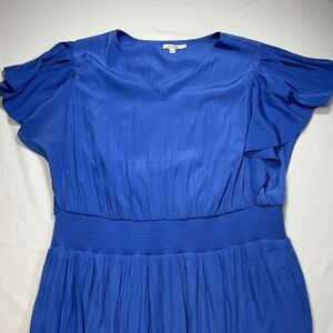 Chicos Blue Dress Size 4 Flutter Sleeve Tiered Midi Smocked Waist V Neck